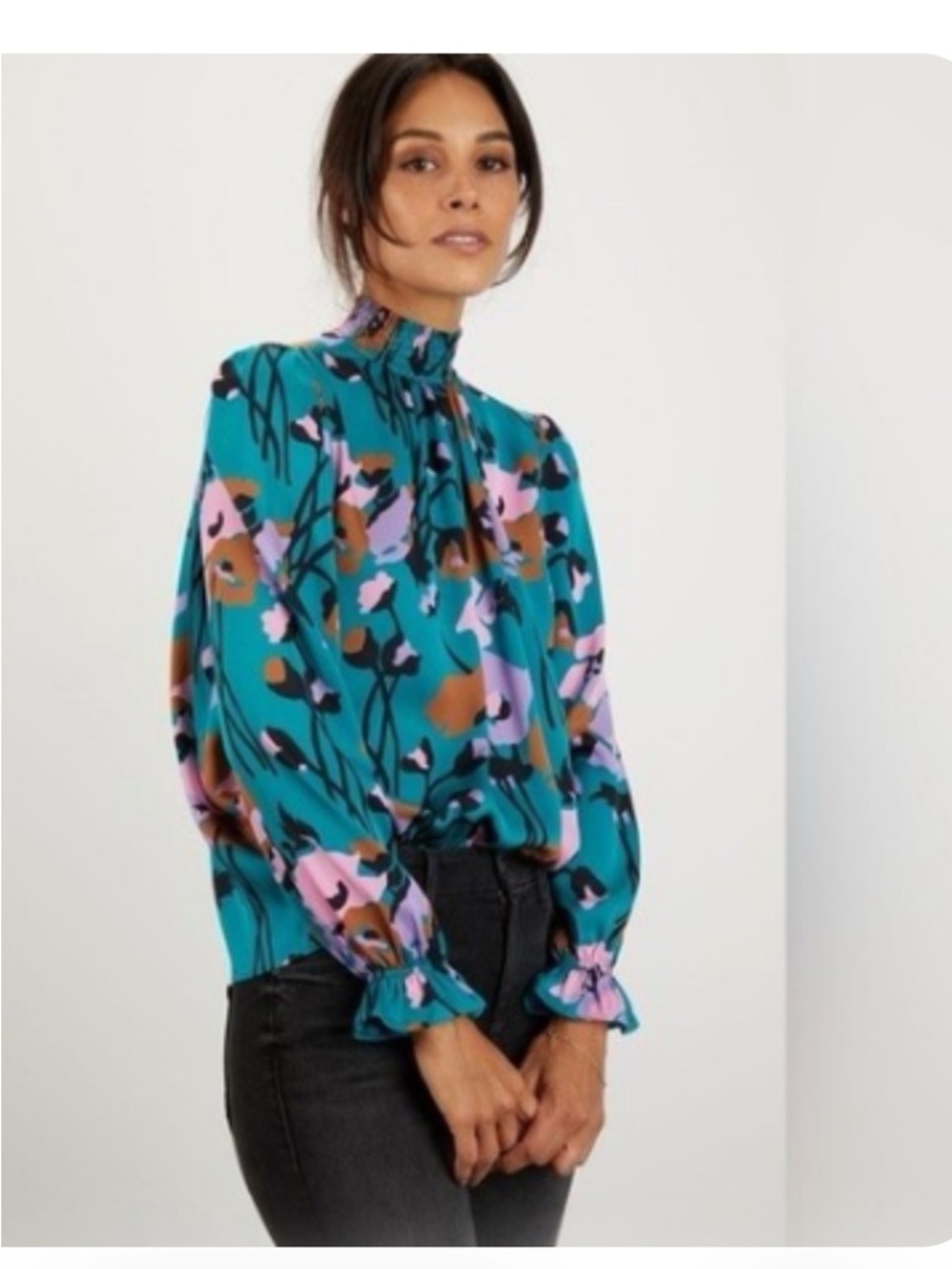 Tucker Teal Floral High-Neck Blouse with Puff Sleeves